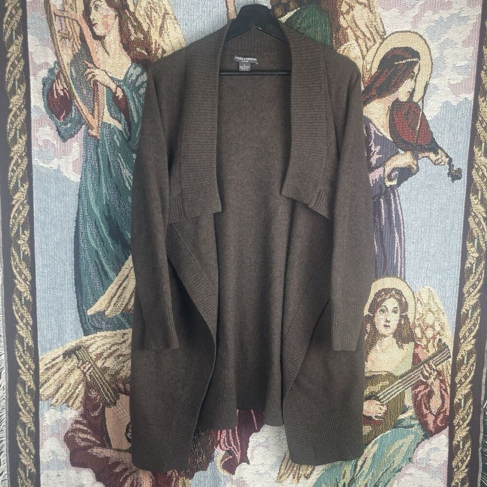Chelsea & Theodore 100% Cashmere Vest Longline Cardigan Draped Size L Brown